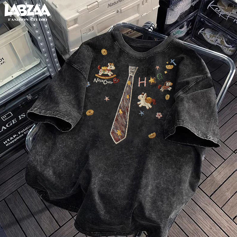 LABZAA เสื้อยืดแขนสั้นคอกลม วินเทจฟอกน้ำ ลายเนกไท Oversized ระบายอากาศ ผ้าฝ้าย 100% YG3240