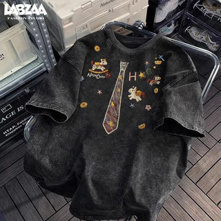 LABZAA เสื้อยืดแขนสั้นคอกลม วินเทจฟอกน้ำ ลายเนกไท Oversized ระบายอากาศ ผ้าฝ้าย 100% YG3240
