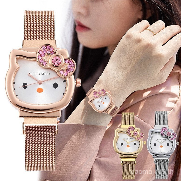 Cat Cat Cat KT Watch เพชรโบว์แม่เหล็กพร้อมนาฬิกานักเรียนสาวการ์ตูนน่ารัก