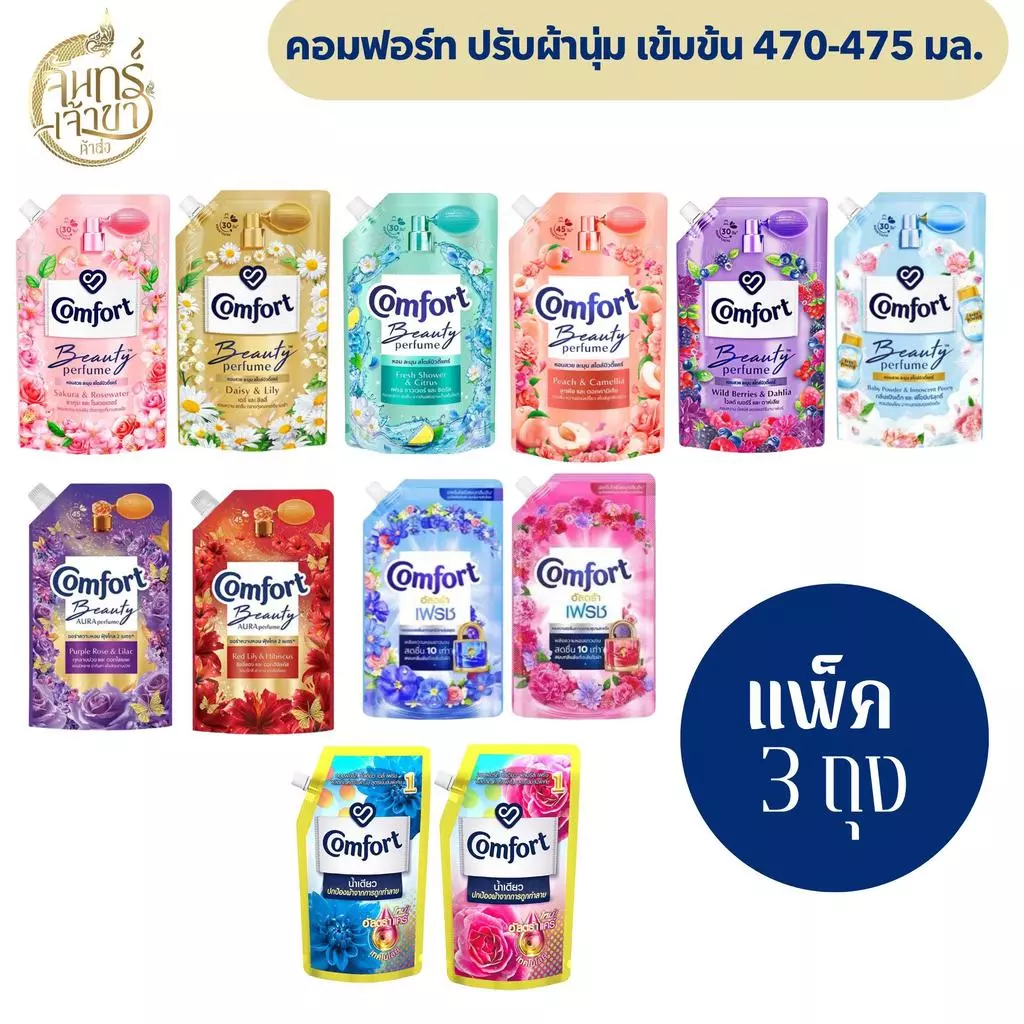 [แพ็ค 3 ถุง] คอมฟอร์ท น้ำยาปรับผ้านุ่มเข้มข้น ปริมาณ 470-480 มล.