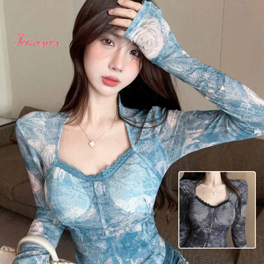 เสื้อยืดแขนยาวผู้หญิง ผ้าตาข่ายลูกไม้ ทรงเข้ารูป