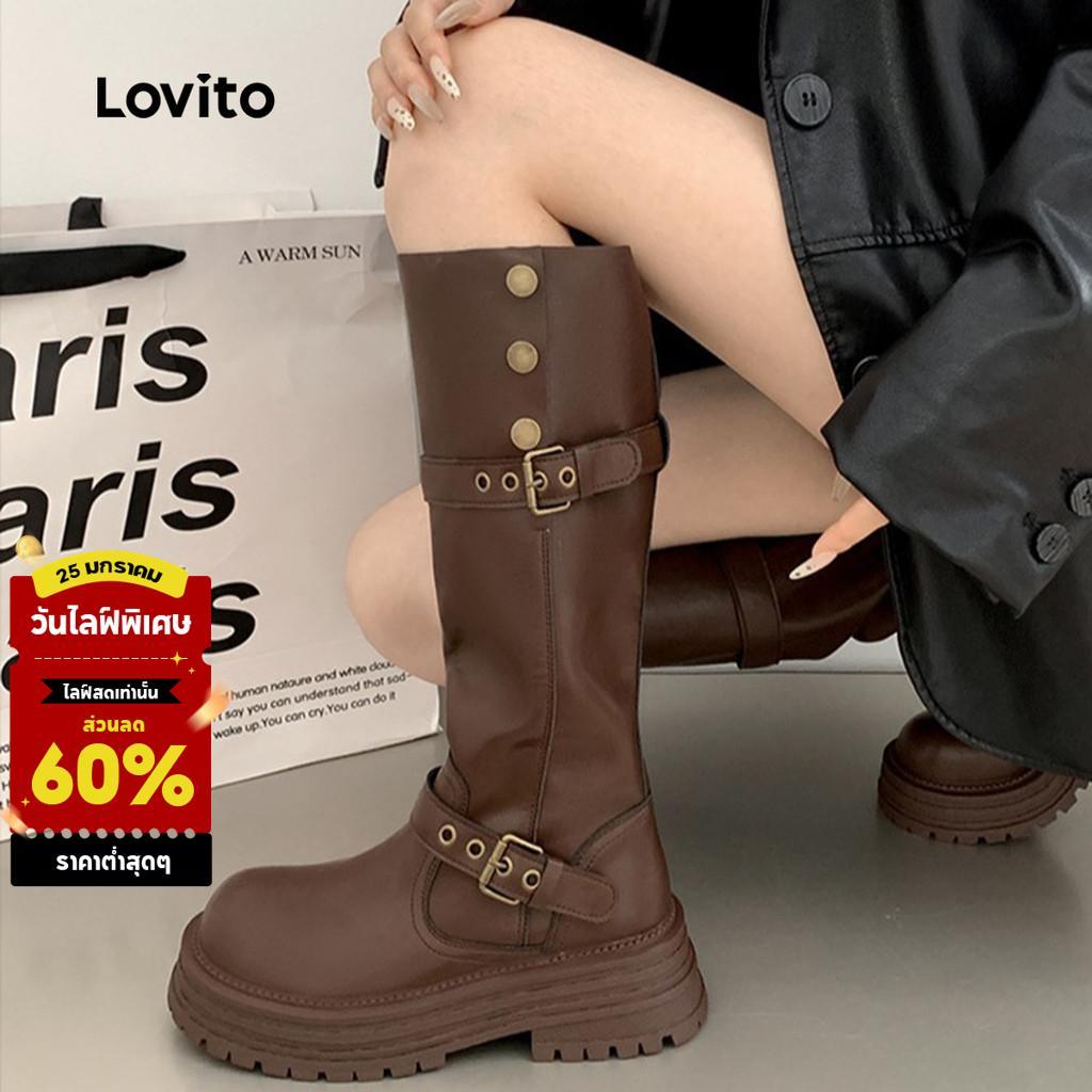 Lovito รองเท้าบูทแคชชวลแบบแพลตฟอร์ม สไตล์เรโทร ใช้ได้ทุกฤดู สีดำ สำหรับผู้หญิง LFA86075