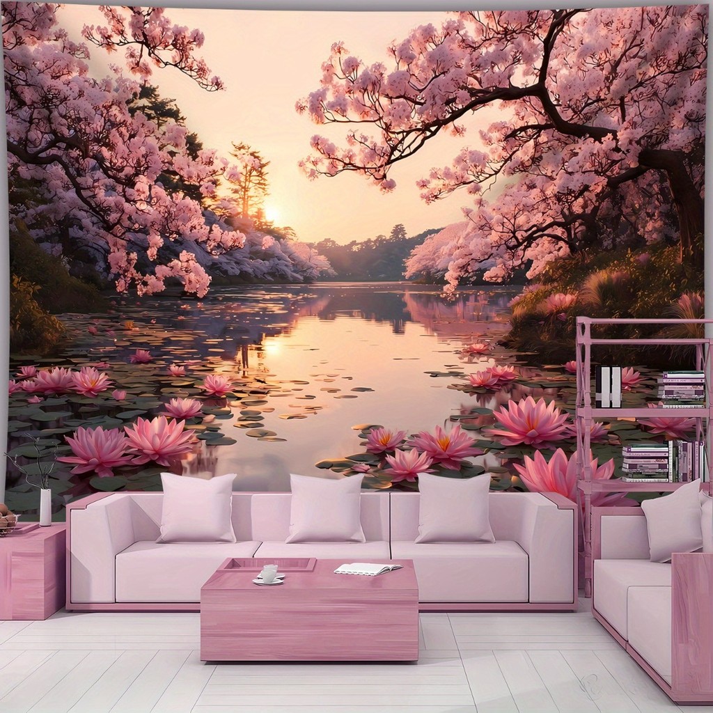 1 ชิ้นสไตล์ญี่ปุ่น Cherry Blossom & Lotus Lake Landscape Tapestry-High-Definition พิมพ์โพลีเอสเตอร์แขวนผนังเครื่องประดับ,สีชมพูและรูปแบบ Cherry Blossom,