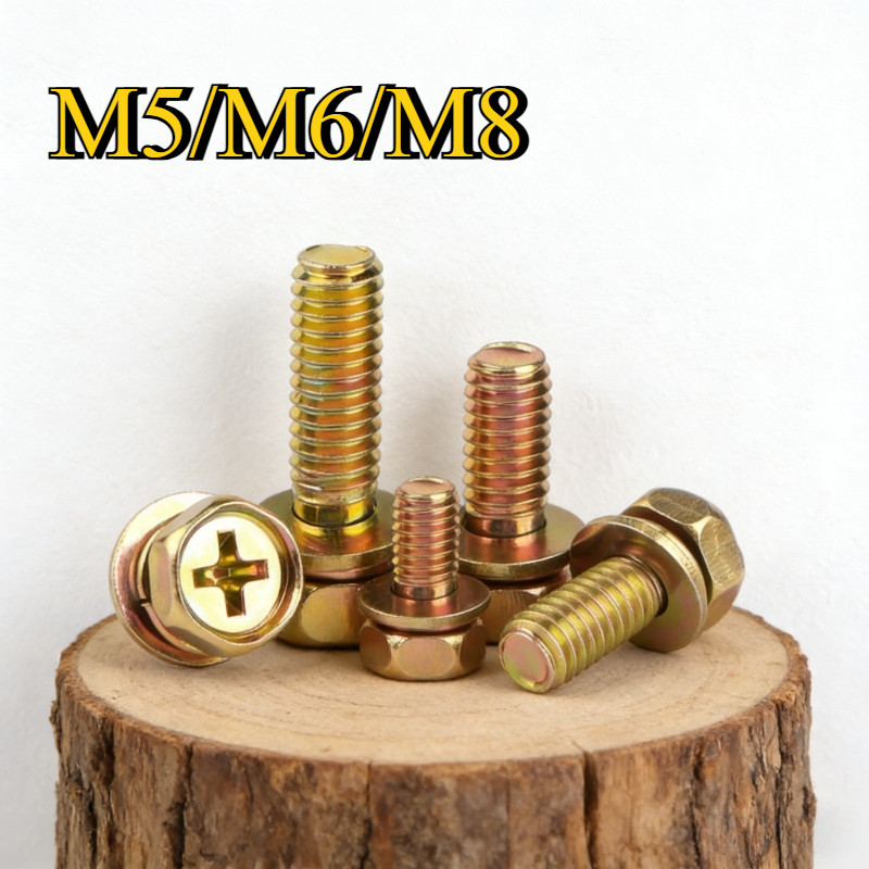M5M6M8 น็อต หกเหลี่ยม แฉก ติดแหวนสปริง /น็อต สกรู หัวหกเหลี่ยม แฉก สวมแหวน อีแปะ+สปริง สังกะสีสี เกลียวมิล หยาบ  [LXY-GY]