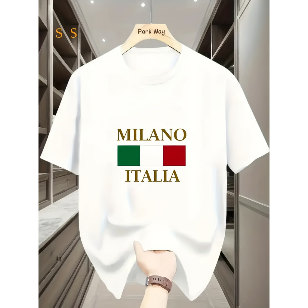 ทีเชิ้ตกราฟิกผู้ชาย Milano Italy - เสื้อแขนสั้นสีดำแบบสบายพร้อมดีไซน์ธงชาติอิตาลี