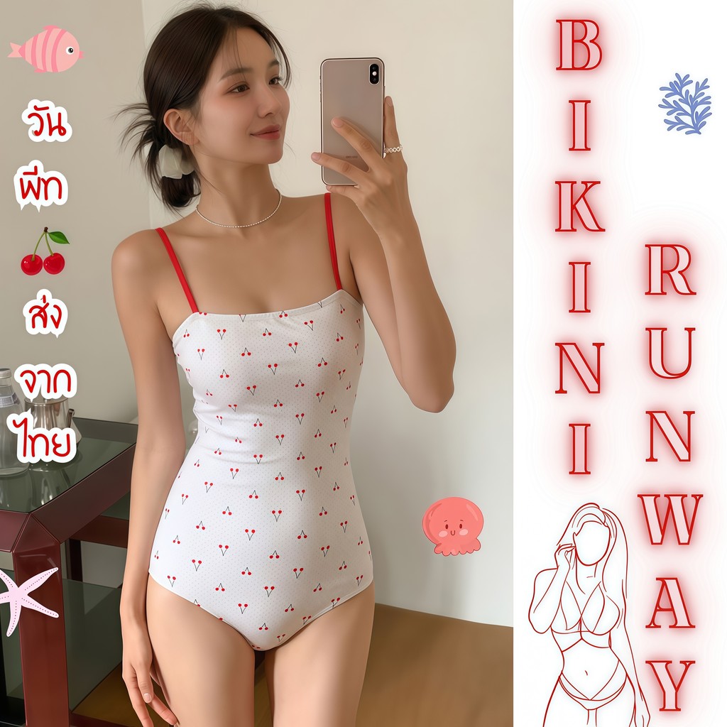 BIKINI RUNWAY บอดี้สูทชายหาด ชุดว่ายน้ำแบบวันพีช ชุดทะเลผู้หญิง น่ารัก 💗 มีไซส์ S-L | น้ำหนัก 38-58 กก. Y455