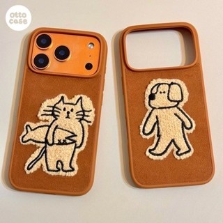 case iphone 17 pro max suede leather 16 15 14 promax pro brown emboidery puppy cat pompom strap apple casing