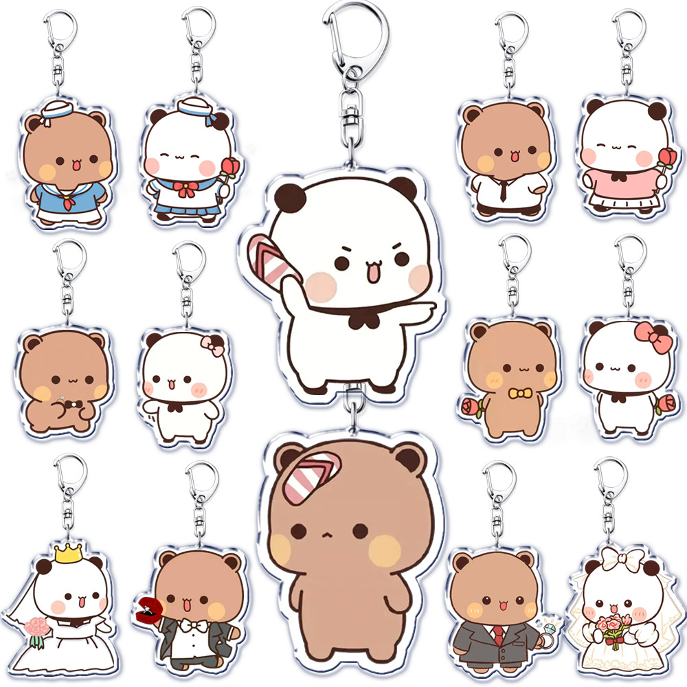 Bubu Dudu Rose Love พวงกุญแจคู่หมีแพนด้าพวงกุญแจอะคริลิคสําหรับอุปกรณ์เสริมกระเป๋าจี้