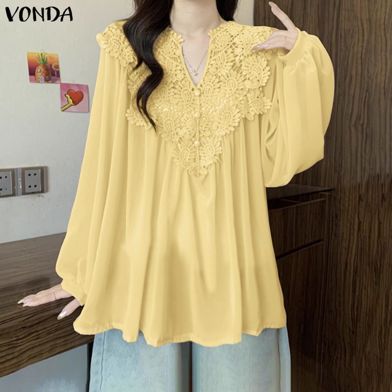 VONDA เสื้อลาย_patchwork_แขนลูกไม้ สไตล์เกาหลีอ่อนโยน สำหรับผู้หญิง — صورة 6