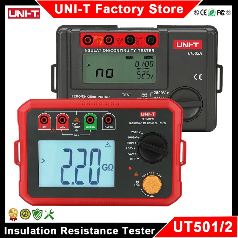UNI-T UT502A UT501A UT502C UT501C เครื่องทดสอบความต้านทานฉนวน 1000V 2500V ดิจิตอล Megohm เมตรฉนวนกัน