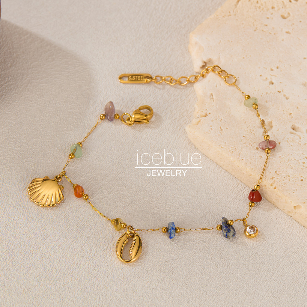 Iceblue-Ocean สไตล์ที่มีสีสันหินจี้สร้อยข้อมือ 316L สแตนเลสไทเทเนียมเหล็ก 18K Gold Plated Hypoallergenic กันน้ํา Non Tarnish สร้อยข้อมือแฟชั่นสําหรับผู้หญิงB59