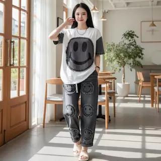 Mayura Stores No.R147 ชุดเซ็ท2ชิ้น พิมพ์ลายหน้าอมยิ้ม เสื้อ+กางเกงผ้ายืดยีนส์เทียม ชุดเซ็ทแฟชั่น