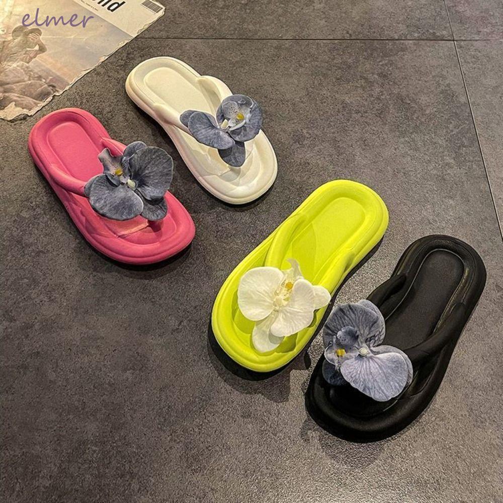 ELMER ผีเสื้อ Orchid Flip Flops, Anti-slip Sweet Beach Sandal, รองเท้าอุปกรณ์เสริมนุ่มหนารองเท้า Cha