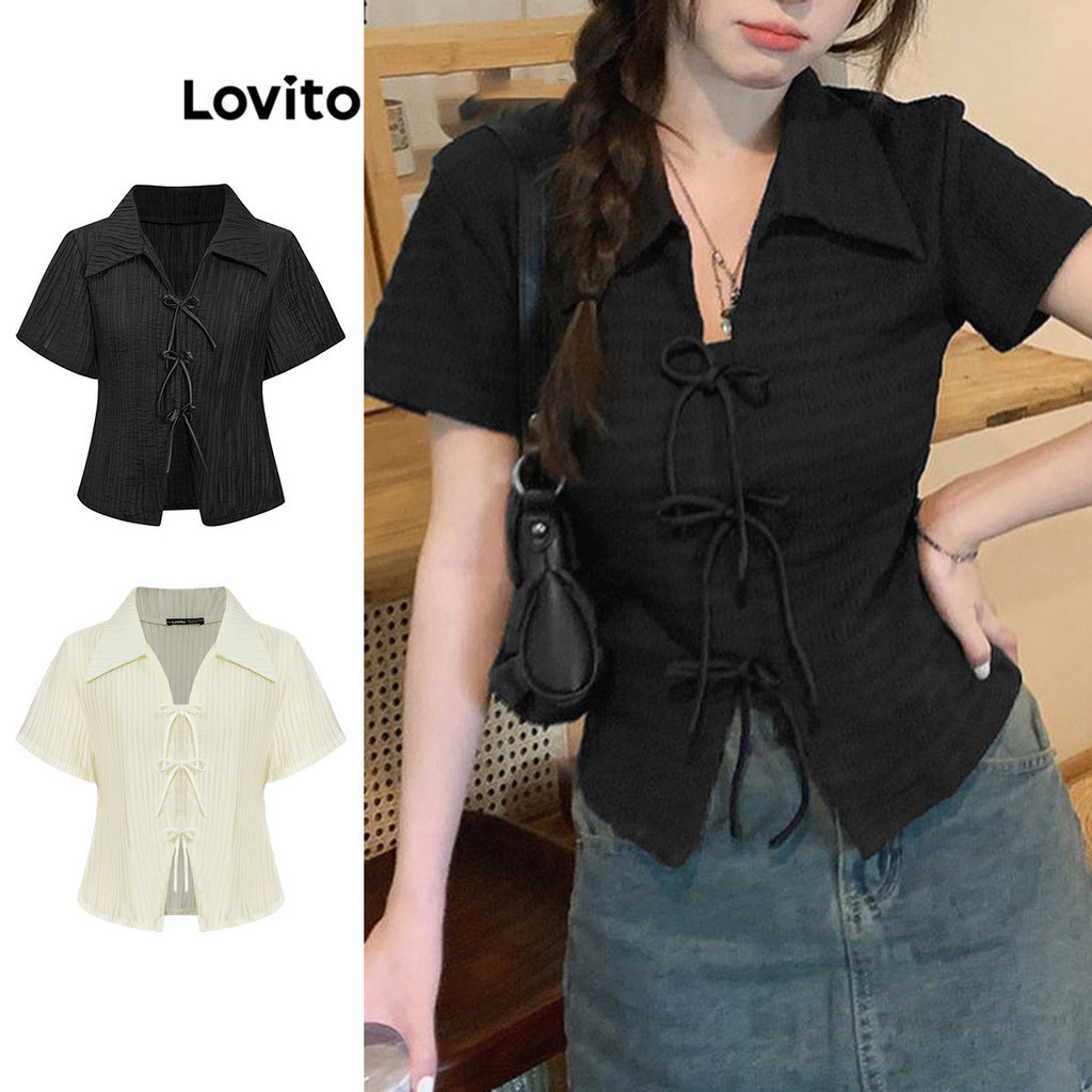 Lovito เสื้อยืดน่ารักเสื้อยืด ผ้าแจ็คการ์ด โบว์ธรรมดาฤดูร้อนสําหรับผู้หญิง L87ED028 (หลากสี)