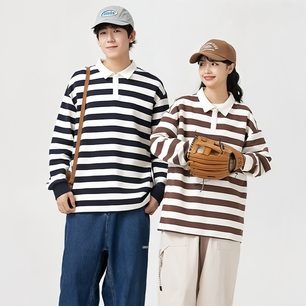 Chaistyle เสื้อผู้ชาย แขนยาวลายทาง  เสื้อโปโลคอปก สีต่อ รุ่นคู่รัก