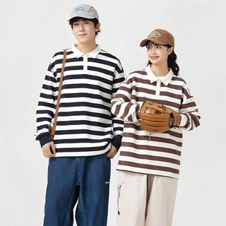 Chaistyle เสื้อผู้ชาย แขนยาวลายทาง เสื้อโปโลคอปก สีต่อ รุ่นคู่รัก