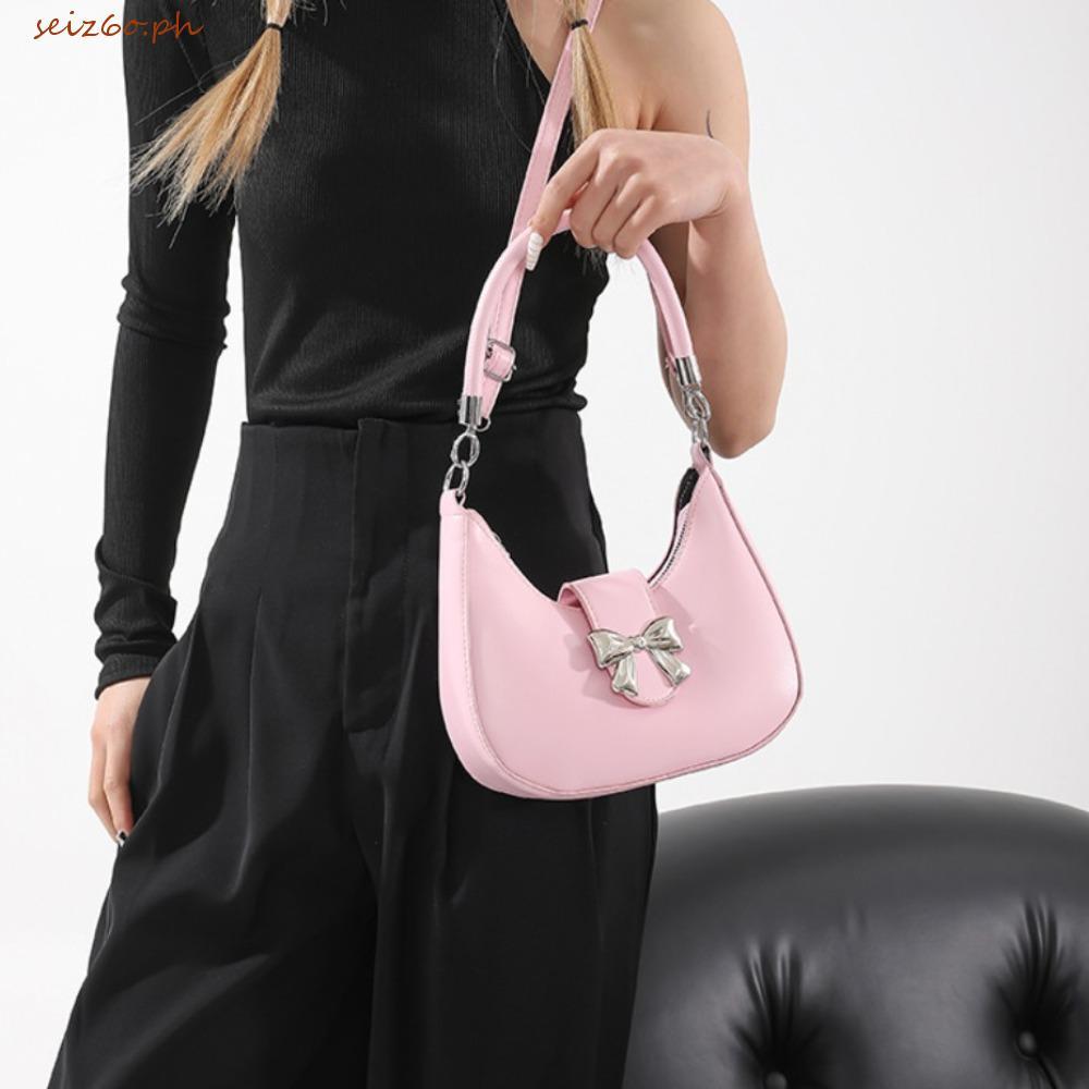 SEIZ6O Bowknot Crossbody Bag, Y2k Style Bow Dumpling Shoulder Bag, PU Leather Large Capacity Korean 