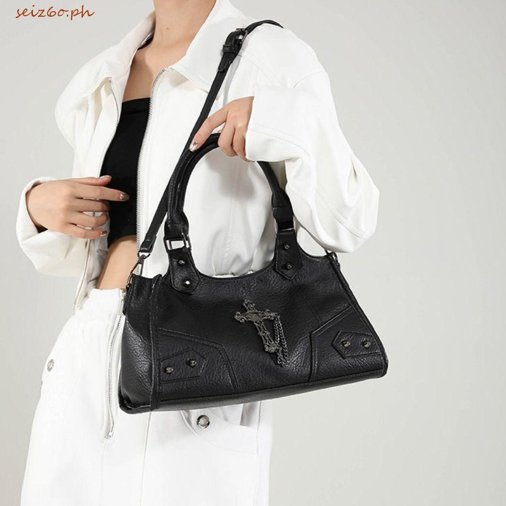 SEIZ6O Gothic Cross Crossbody Bag, PU Leather Retro Style Locomotive Underarm Bag, Simple Large Capa