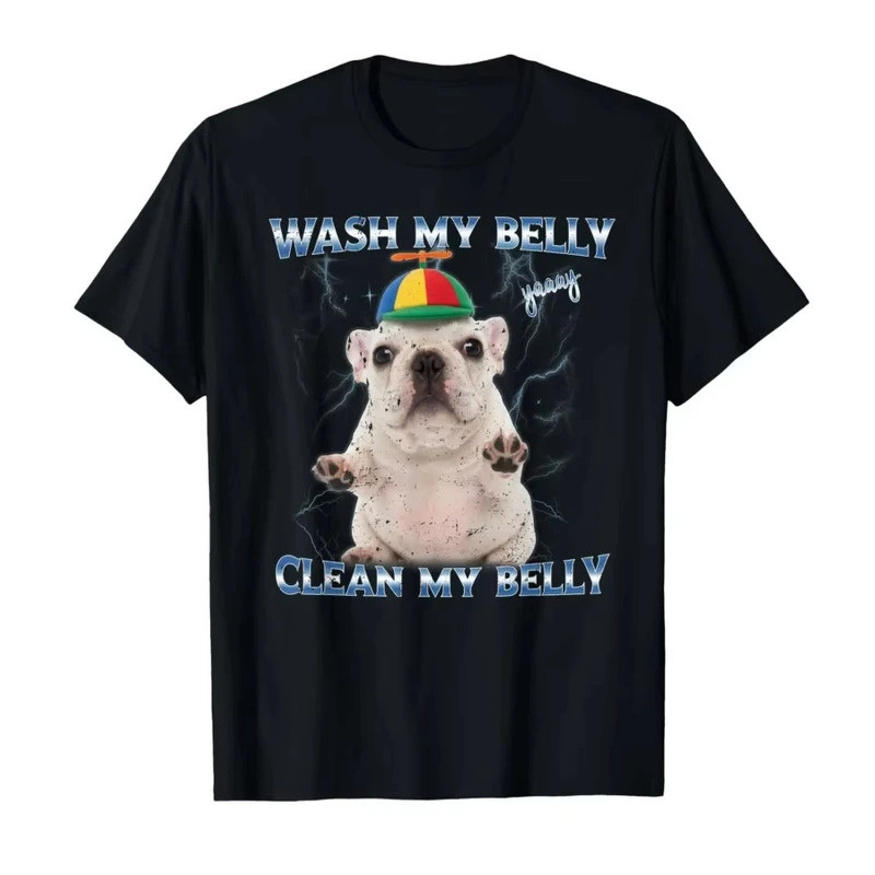 เสื้อยืดแขนสั้นผู้หญิงลายแฟชั่น ซีรีส์อีโมจิตลก "Pibble Clean My Belly" สไตล์เฉพาะตัว