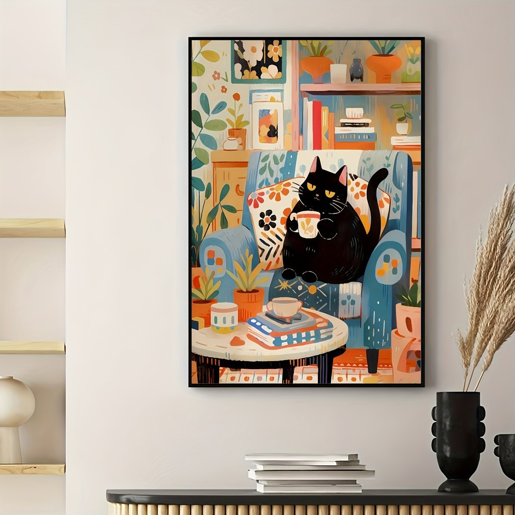 การ์ตูนย้อนยุคแมวดําเพลิดเพลินกับภาพวาดผ้าใบกาแฟบนโซฟา.โปสเตอร์-ผนัง ศิลปะ สไตล์แมวภาพวาดตกแต่ง-ตกแต่งผนังภายในที่ทันสมัยเหมาะสําหรับครอบครัวห้องนั่ง