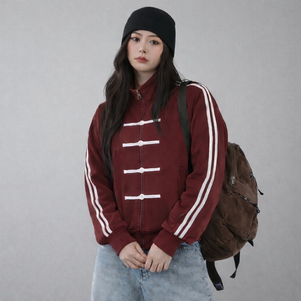 Shevera (ภาพจริง) Lunar Stripe Chinese New Year Jacket Track Jacket Fleece Chinese Knot Outer Unisex