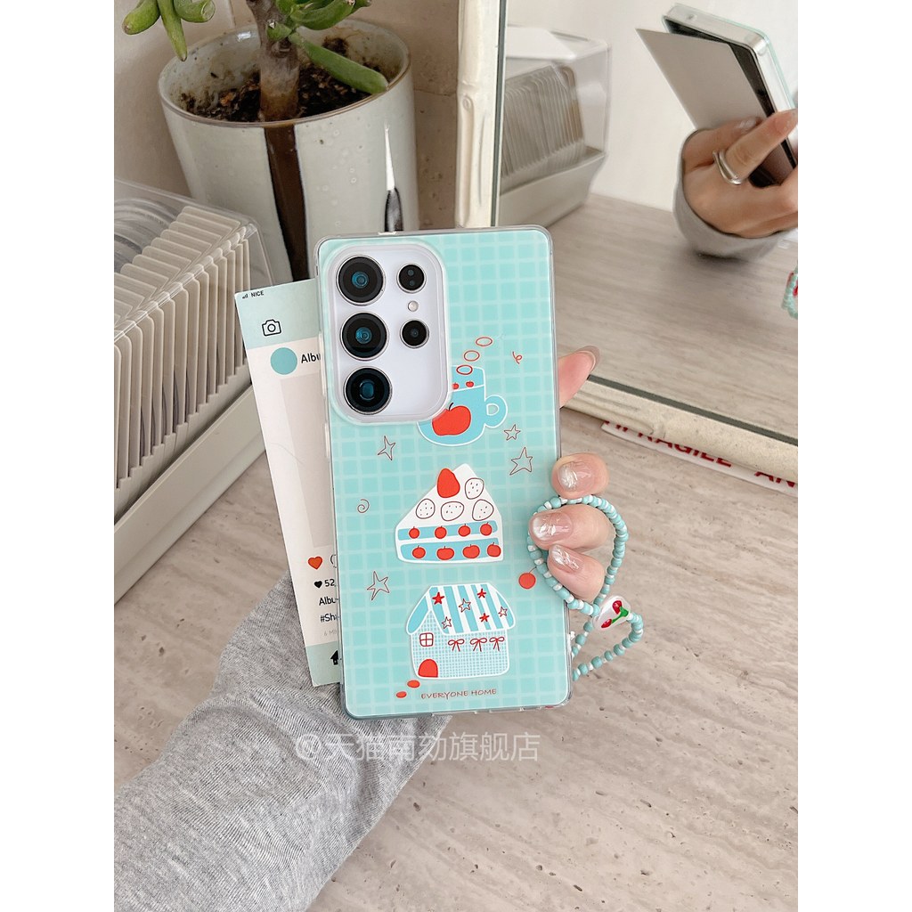 ลายสก๊อตสีฟ้าพร้อมสร้อยข้อมือSamsung S21 S22 S23 S24 S25 S26 FE Ultraเคสโทรศัพท์S25FEขนมเค้กA55 เคสป