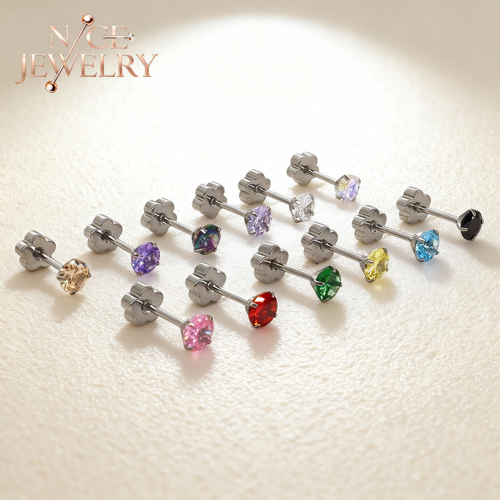 ต่างหูสตั๊ด สแตนเลส 316L ขนาด 1 PC 20G ออกแบบสำหรับการเจาะหูEarlobe และHelix ตกแต่งด้วยคริสตัลหลายสี