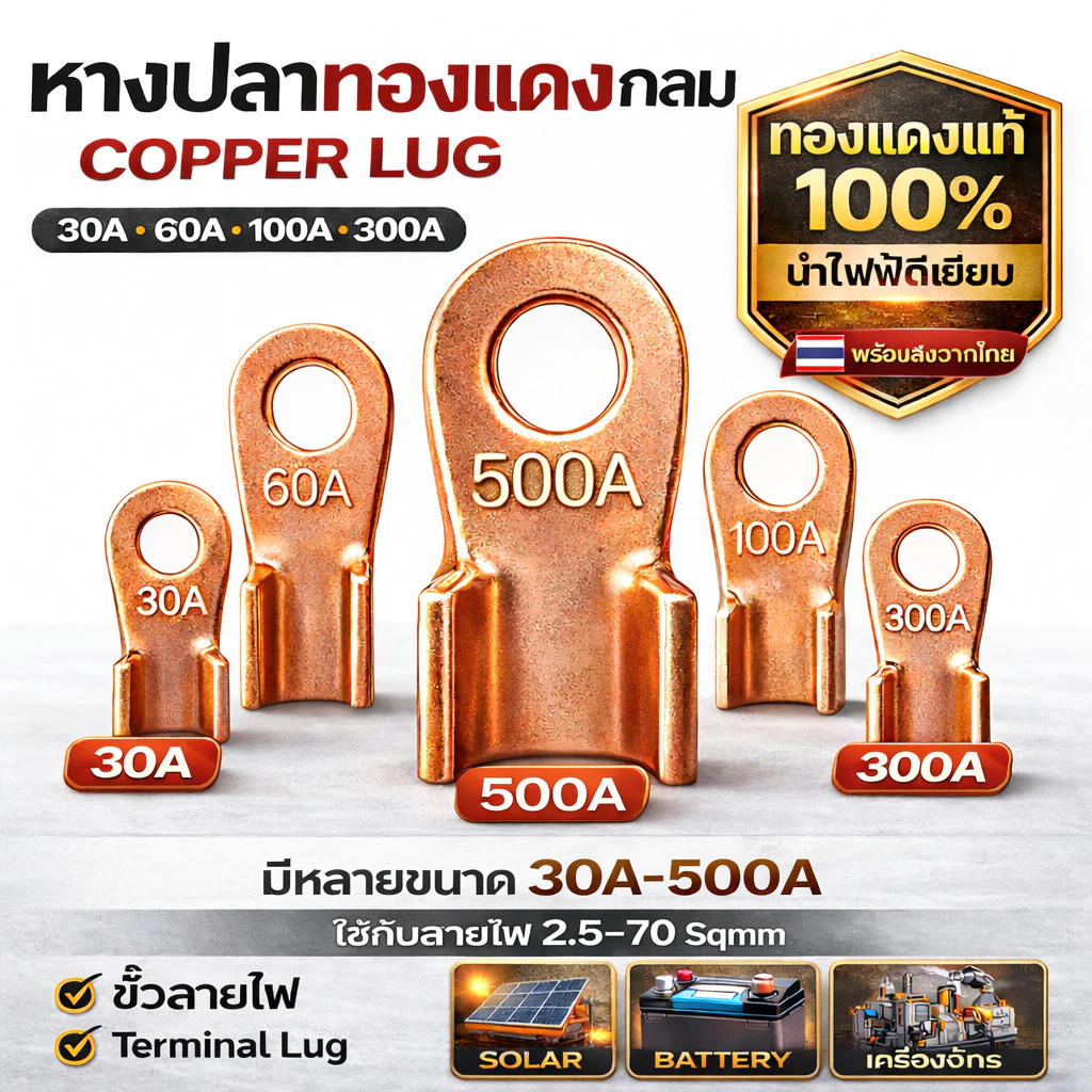 จากไทย SC หางปลาทองแดง ขนาด 10-500 แอมป์ ขั้วต่อทองแดง, ทองแดงบริสุทธิ์แท้ 💯%, ตัวเชื่อม