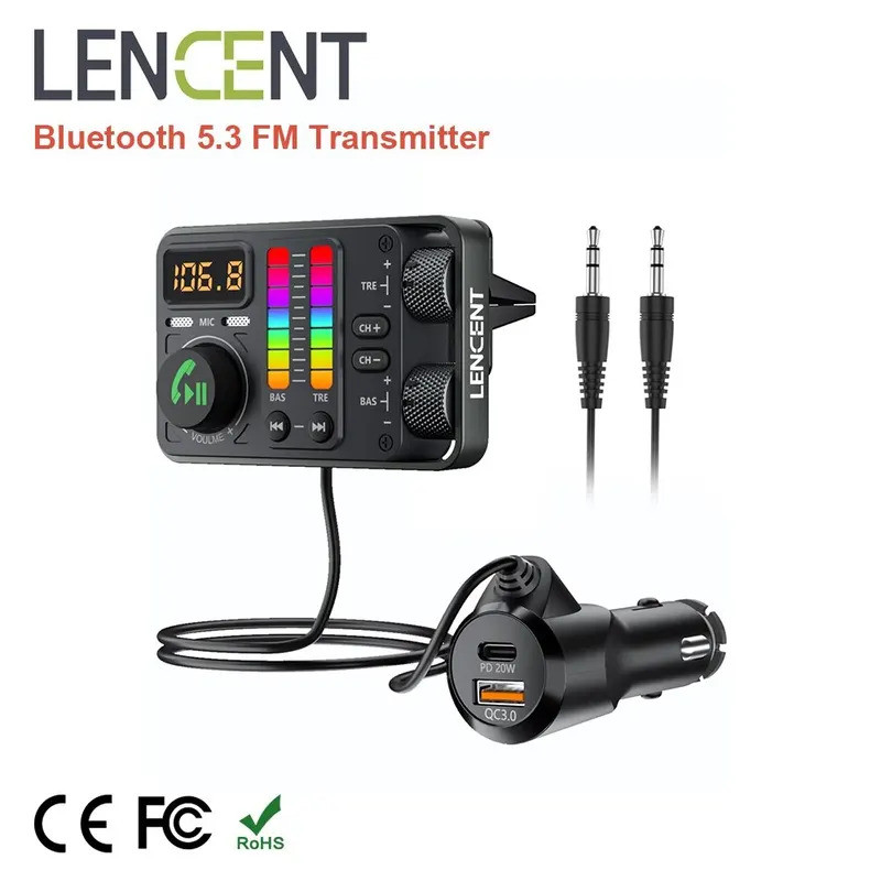 LENCENT Bluetooth 5.3 เครื่องส่งสัญญาณ FM ในรถยนต์, เครื่องเล่นเพลง Hi-Fi Treble & Bass, PD20W QC18W