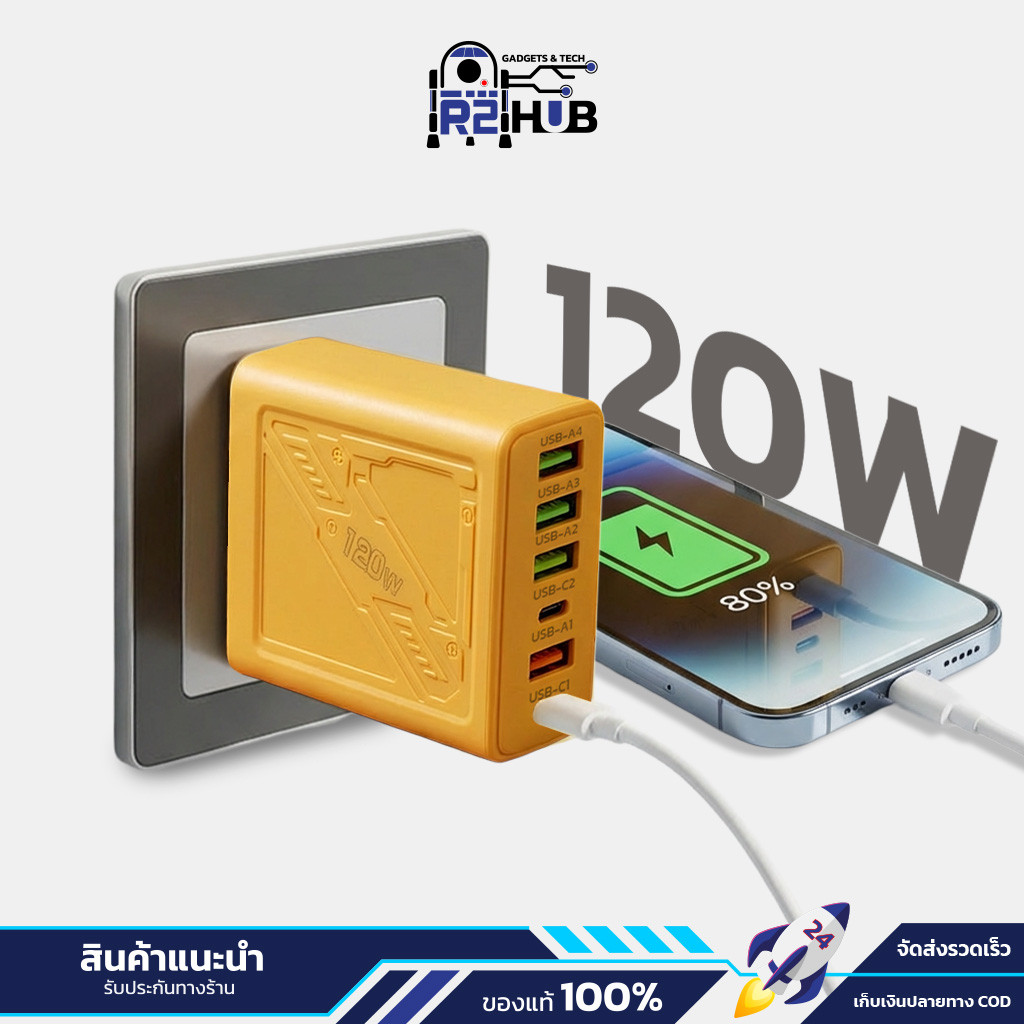 COYE อะแดปเตอร์ 6in1 USB-A กำลังไฟสูงสุด 120W Fast Charge ชาร์จพร้อมกันหลายอุปกรณ์