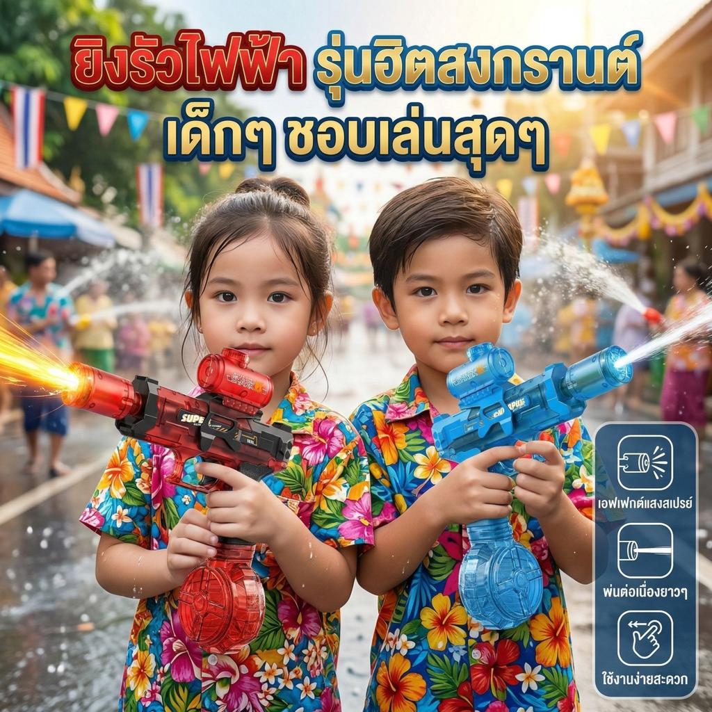 ปืนฉีดน้ำไฟฟ้าเด็ก ของเล่นสงกรานต์ ยิงน้ำต่อเนื่อง ยิงไกล ชาร์จ USB ขณะยิงมีไฟ LED เติมน้ำง่าย