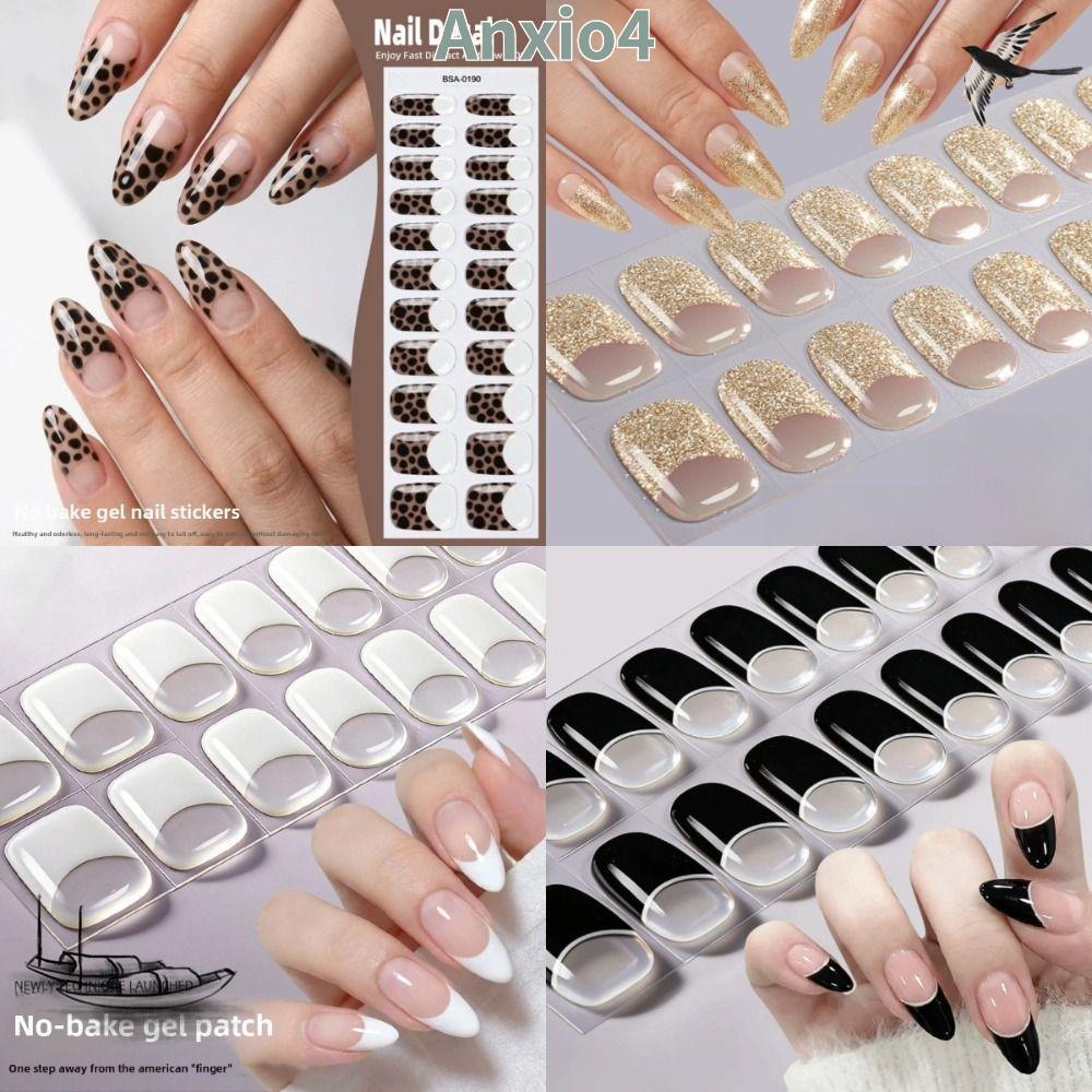 ANXIO4 Semi-Cured Nail Wraps, Full Cover Semi Cured Gel สติ๊กเกอร์ติดเล็บ,แฟชั่น 22Strips French Whi
