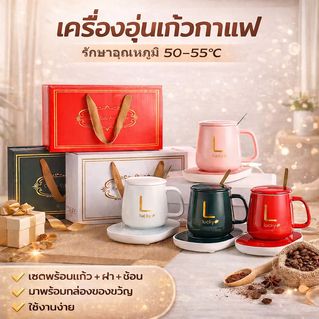 ชุดแก้วเซรามิก เครื่องอุ่นร้อนพร้อมแก้วเซรามิก และฝาปิด เครื่องอุ่นแก้ว ชุดถ้วยกาแฟ อุณหภูมิคงที่ถ้วย