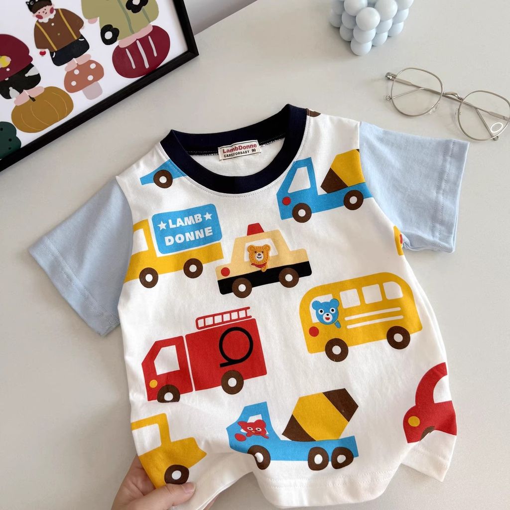 เสื้อยืดแขนสั้นเด็กชาย ฤดูร้อน สไตล์เกาหลี ผ้าฝ้ายแท้ พิมพ์ลายการ์ตูนรถ ใส่สบาย