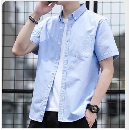 เสื้อเชิ้ตแขนสั้น Oxford นุ่มและสบายผ้าทอลายทแยงหยาบเพื่อความทนทาน
