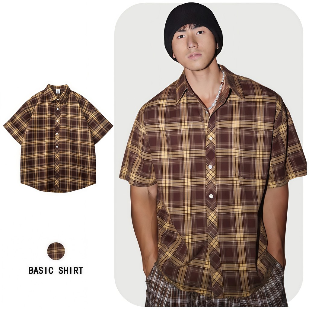 ฤดูร้อนบางหลวมหล่อถนนสวมเสื้อลายสก๊อตอินเทรนด์