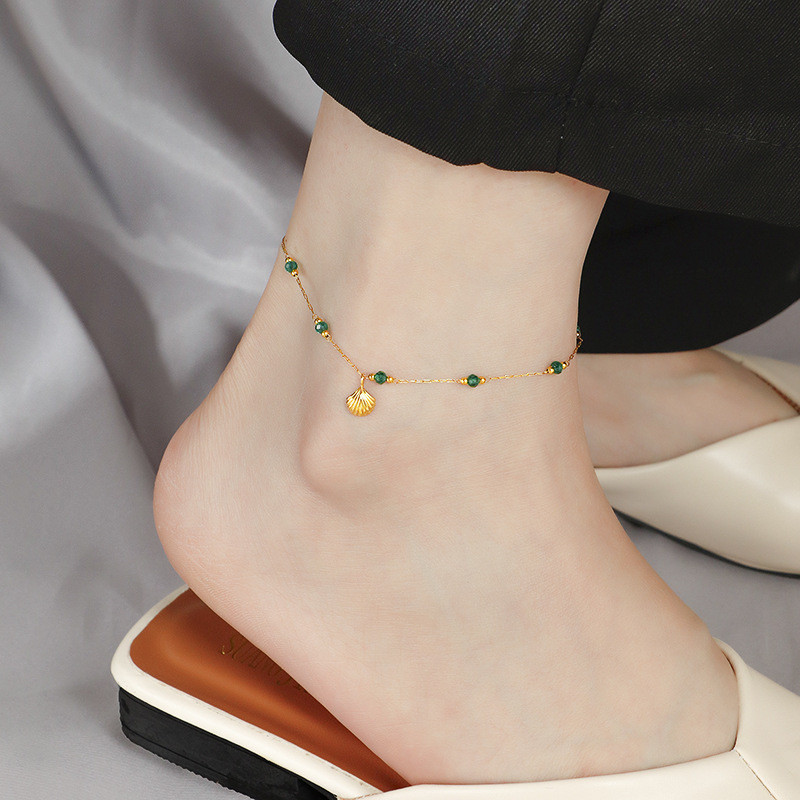 ใหม่ Retro Greenstone Shell Anklet Gold-Plated ไทเทเนียมเหล็กขายร้อนใหม่จีนหรูหรา High-End ของขวัญสร้อยข้อเท้า