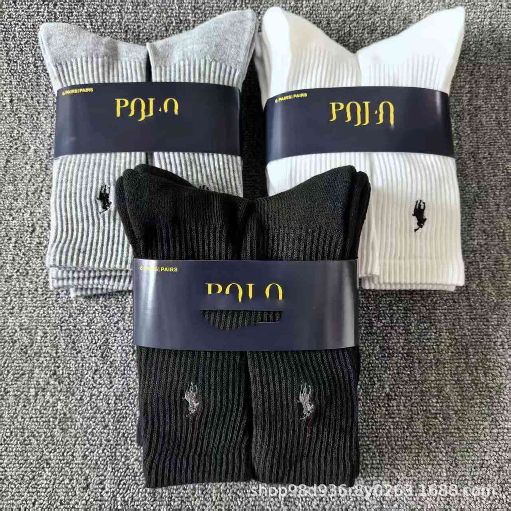 Pony Label ถุงเท้ากีฬาสีดําสีขาวขนาดกลางหลอดยาวผ้าเช็ดตัวด้านล่าง Casual ปักโปโล