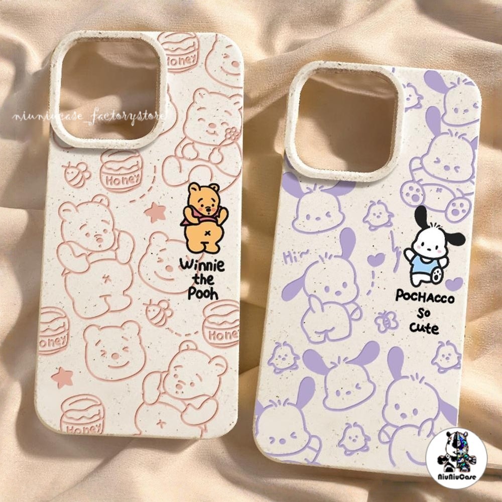 เคสไอโฟน13 For iPhone 15 11 12 16 17 14 PRO MAX 16 PLUS เคส ปลอกสีขาวเป็นมิตรต่อสิ่งแวดล้อม การ์ตูนน่ารักหมีสุนัขน้ำผึ้ง