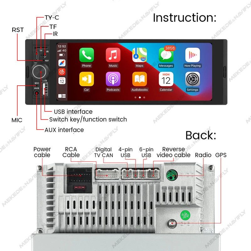 Navifly 2G + 32G Universal 1 Din Android 6.86 นิ้ว HD หน้าจอสัมผัสไร้สาย CarPlay Auto รถวิทยุเครื่อง