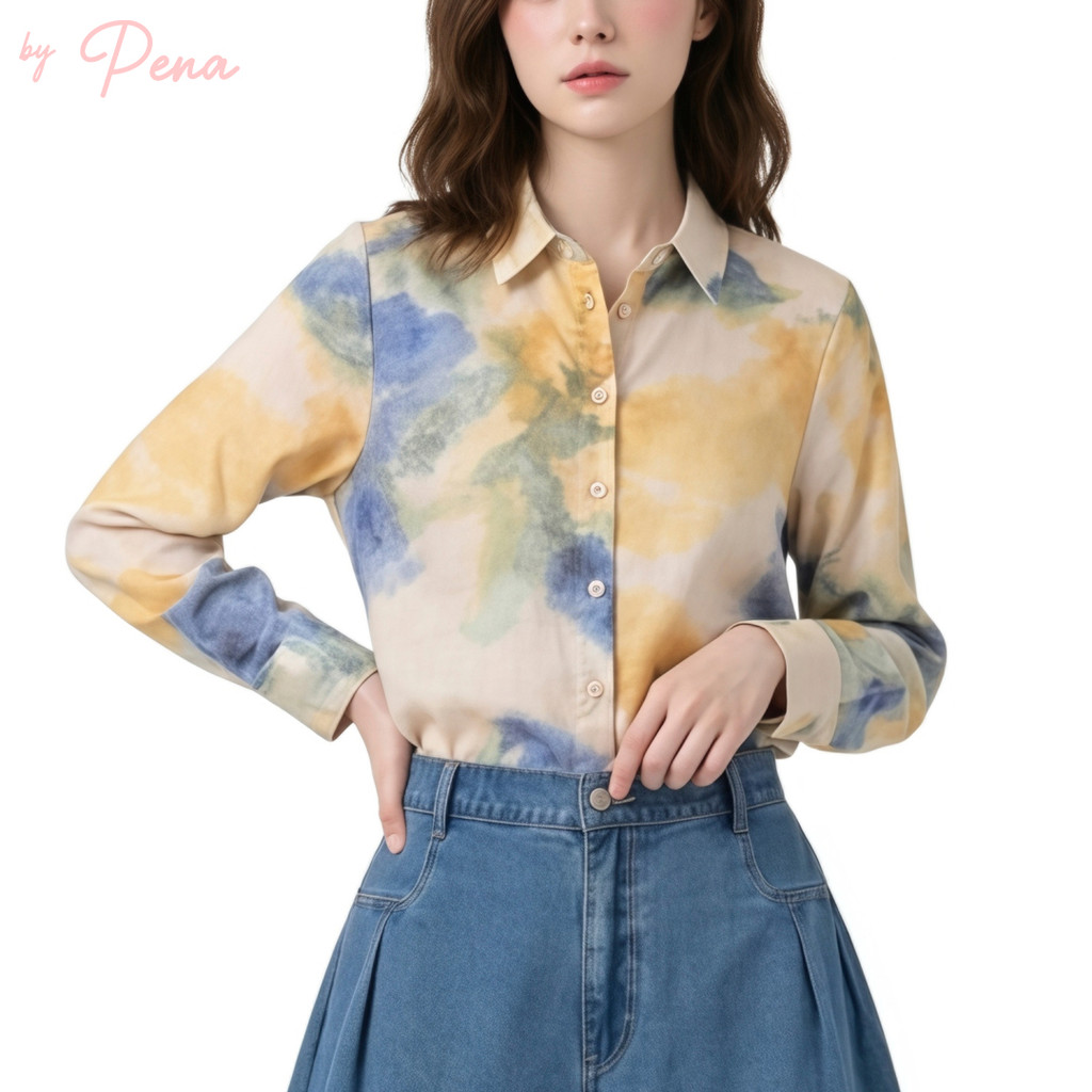 By Pena เสื้อเชิ้ตแขนยาว ลายสีน้ำอาร์ตสไตล์  BPSL032605