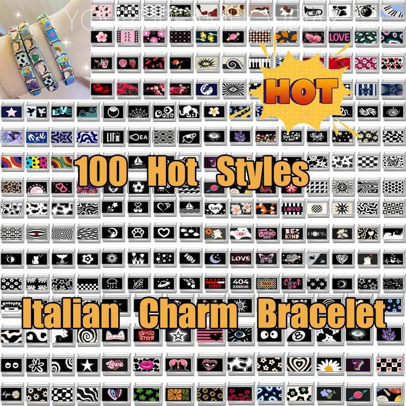 ขายส่ง 100 รูปแบบร้อนอิตาเลี่ยน Charm สร้อยข้อมือดอกไม้ที่มีสีสันพื้นหลังสีดํา Series อิตาเลี่ยน Link Fit 9 มม.สร้อยข้อมือ DIY สแตนเลส Charm เครื่องประดับ