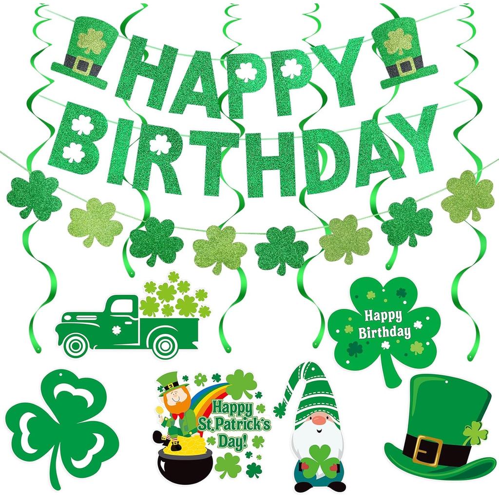Green Happy Birthday St Patricks Day Banner และ Shamrock Garland, Happy Birthday Banner St Patricks 