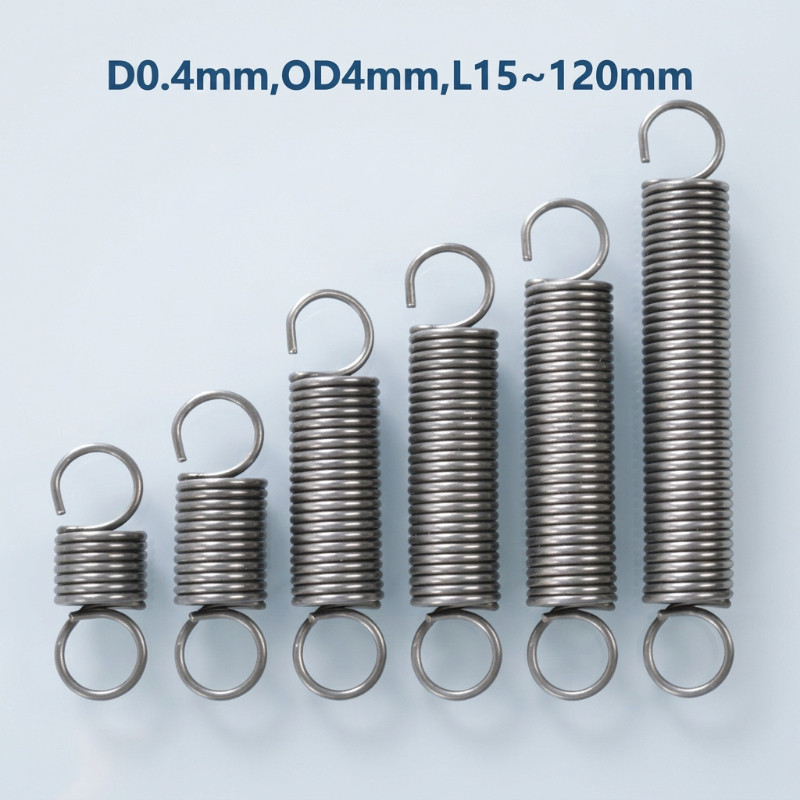 304 สแตนเลส สปริงความตึงเครียด/สปริง d=0.4 มม.,OD4 มม.,L=15~120 มม. สปริงดึงพร้อมตะขอ ทาประตูโรงรถ b