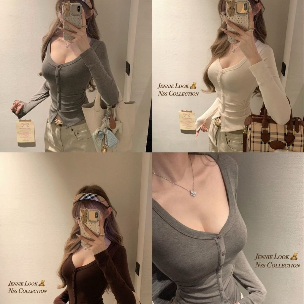 2026NSS COLLECTION Heart-moving ผู้หญิงเกาหลีปุ่มแสดงเต้านม tee ภายใน Slim-fit Bottoming เสื้อ v คอแ