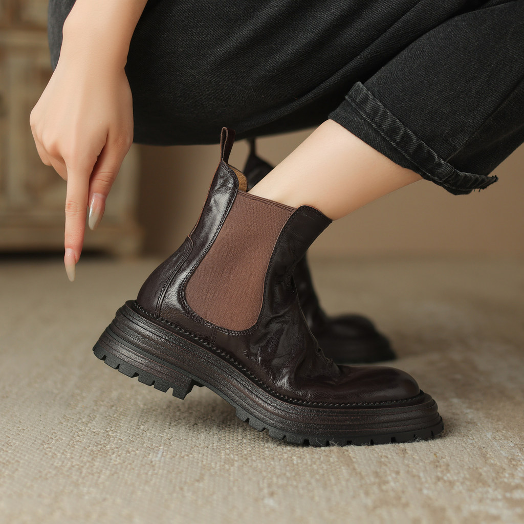 Martin Boots_mid-heel Women's Genuine Leather Chelsea Boots ส้นเตี้ย หนังแกะ Sheepskin