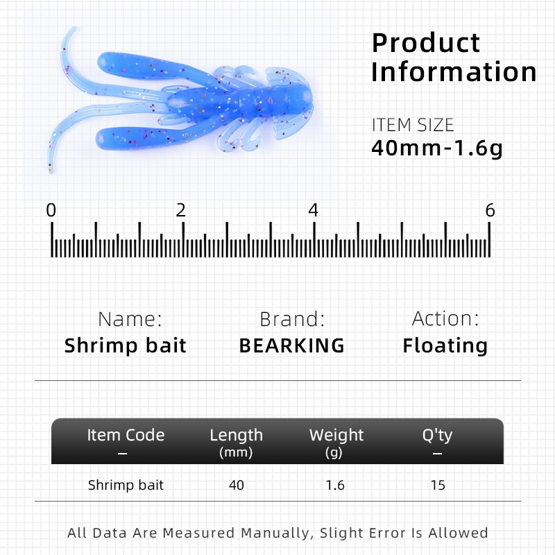 BEARKING 4 ซม.1.6 กรัม 15 ชิ้น/ถุงเหยื่อตกปลาเหยื่ออ่อนกุ้งเหยื่อปลอม Predator Tackle กระตุกสําหรับ pike และเบส