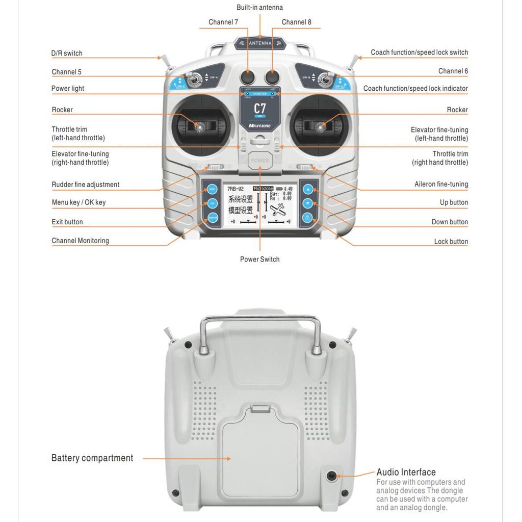 FL MicroZone MC7 C7 MINI 2.4G รีโมทคอนโทรลเครื่องส่งสัญญาณ MC8RE ตัวรับสัญญาณวิทยุระบบสําหรับเครื่อง