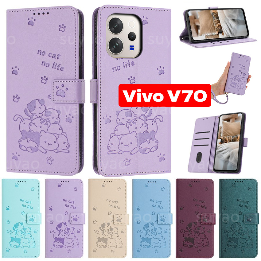 สําหรับVivo V70 5G 2026 เคสโทรศัพท์นูนหนังกระเป๋าสตางค์ช่องใส่การ์ดปลอกVivoV70 Lite VivoV70Liteหรูหรา Lanyardกันกระแทกขาตั้งแม่เหล็กปกหลัง