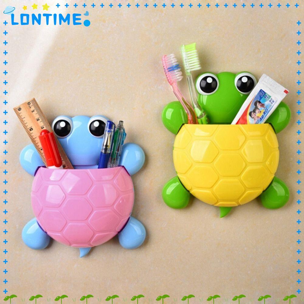 LONTIME ที่ใส่แปรงสีฟัน, ภาชนะแปรงฟันดูดที่แข็งแกร่งน่ารัก, อุปกรณ์ในห้องน้ําการ์ตูนเต่ารูป PP ติดผนังชั้นวางแปรงฟันห้องน้ํา